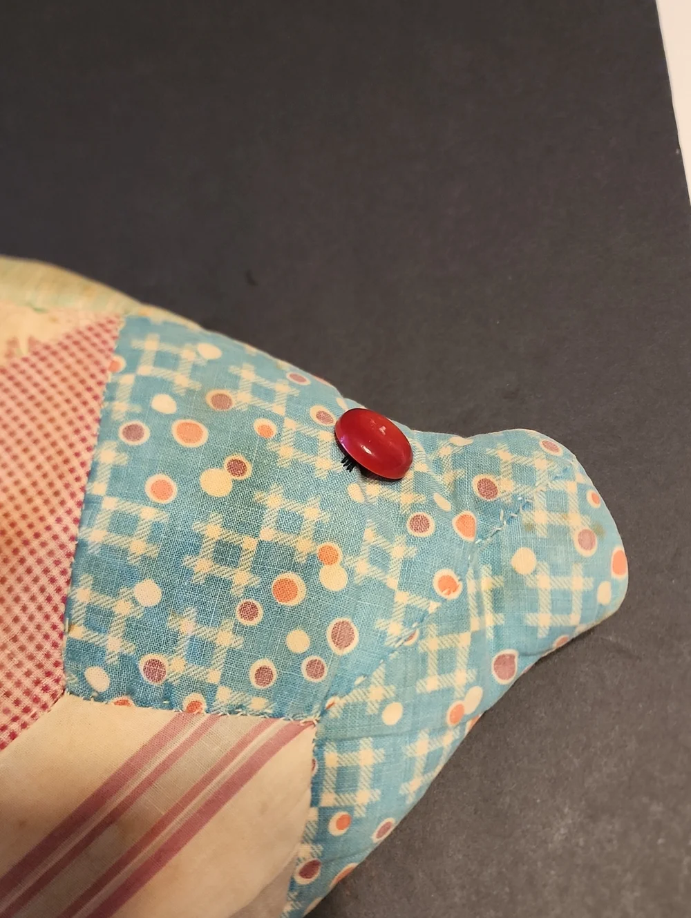 Patchwork Quilted Pig Decorative Pillow - Multicolor With Red Button Eye.
